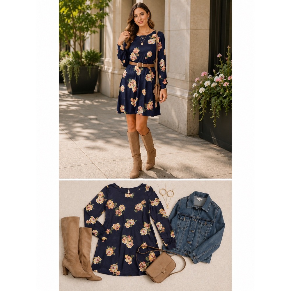 LOFT Lightweight Romantic Cottagecore Floral Dress Petite L Navy Yellow Roses
